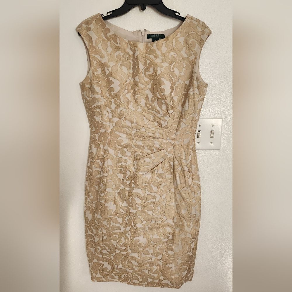 Lauren Ralph Lauren Gold Floral Jackguard Rushed Dress Size 6